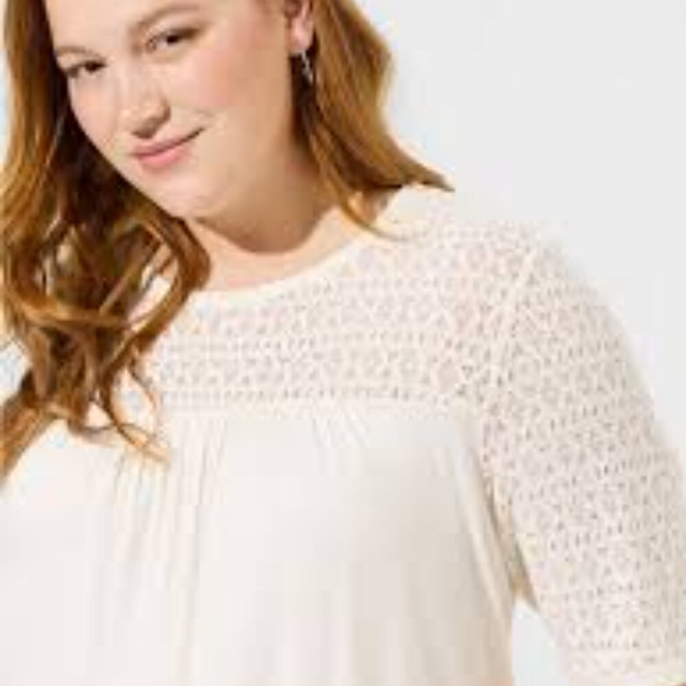 Torrid Supersoft Crew Neck Geo Lace Yoke Elbow Sleeve Top in Pristine